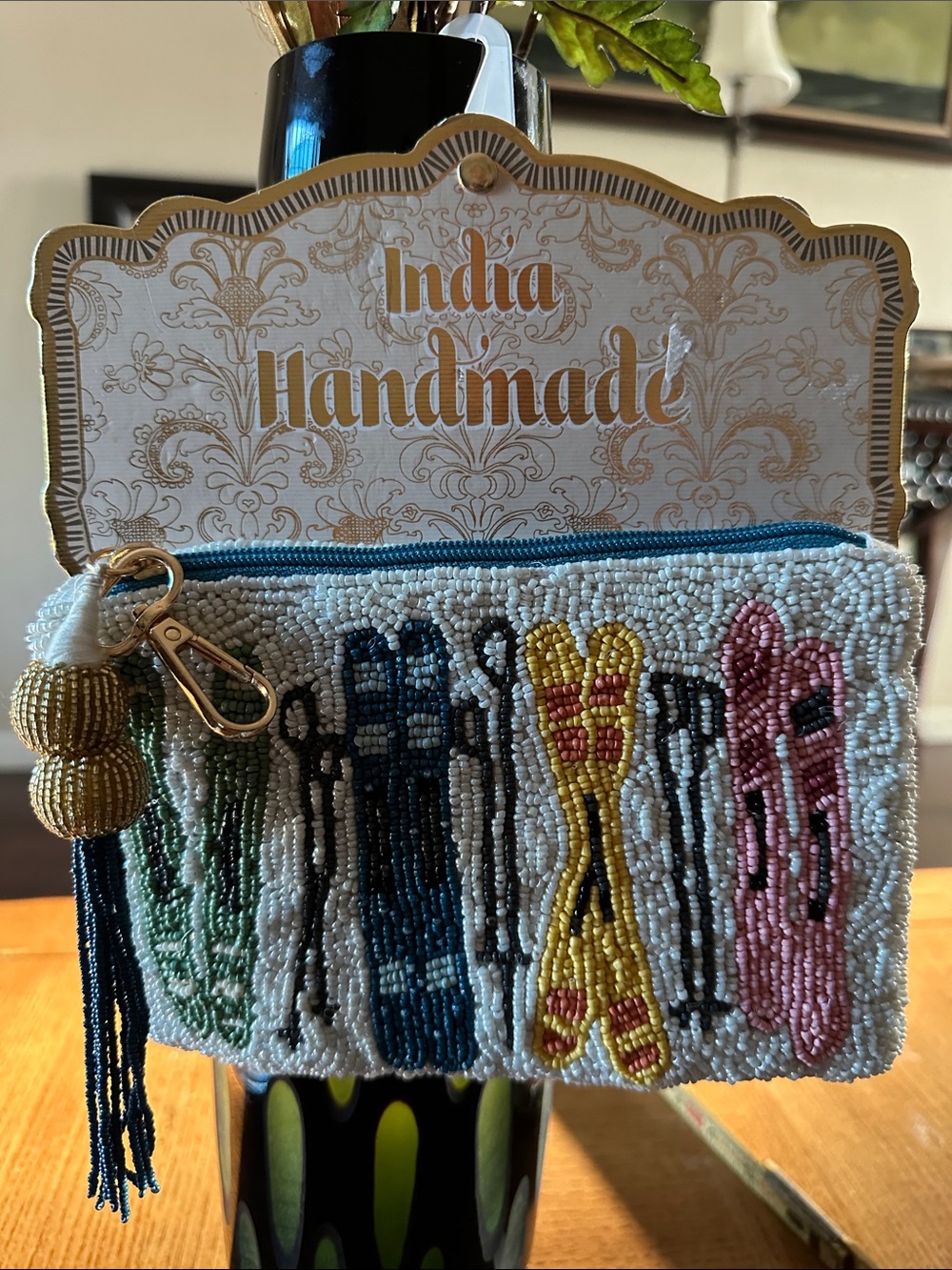 Inda Handmade Beaded Cosmetic Pouch - Teal, Yellow, Pink, Green
